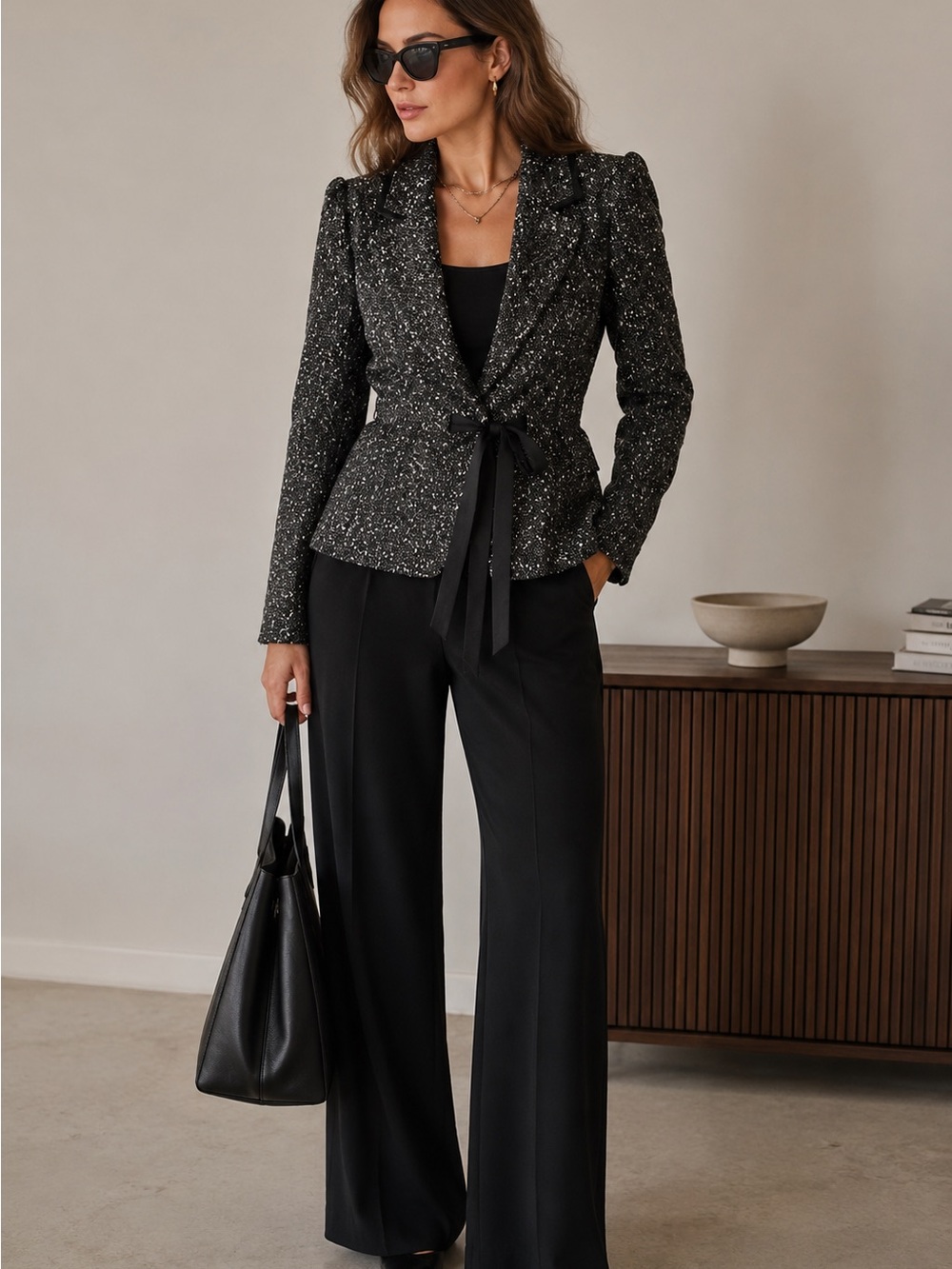 Wool Blend Office Tailored Tweed Belted Blazer 10 Fitted Peplum Black White